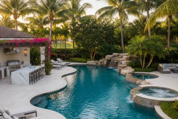 Custom pool and outdoor living area with tropical landscaping in Florida