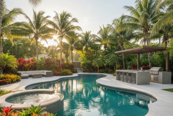 custom pool and outdoor living area with palm trees in Florida