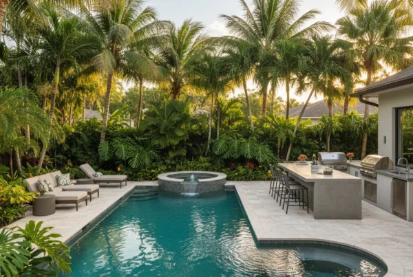 Custom pool and outdoor living area with tropical landscaping in Florida