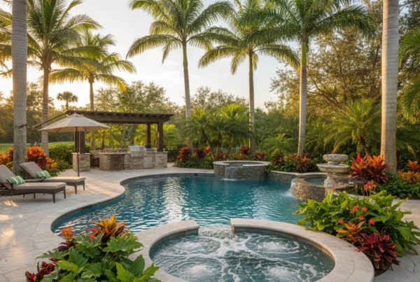 Custom pool and outdoor living area with tropical landscaping in Florida