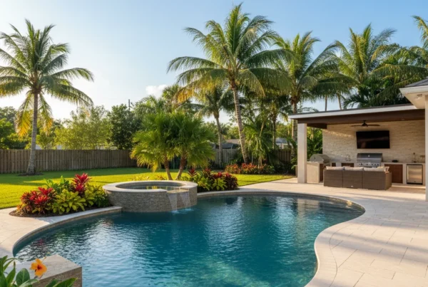 Custom pool and outdoor living area with tropical landscaping in Florida