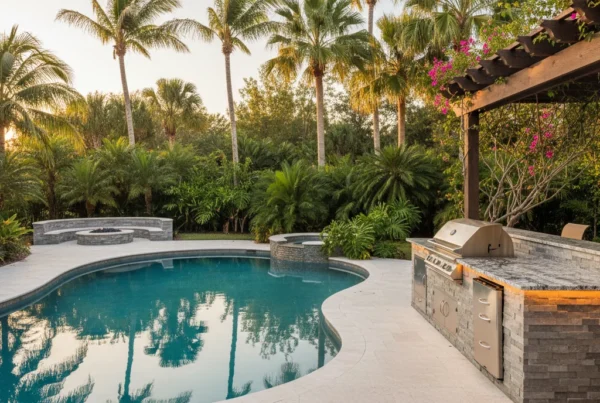 Custom outdoor kitchen and pool in Central Florida backyard with palm trees