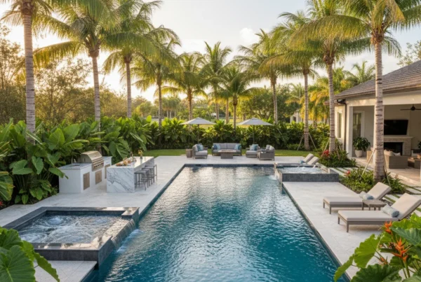 Custom pool and outdoor living area with tropical landscaping in Florida