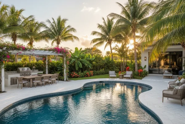 Custom pool and outdoor living area with tropical landscaping in Florida