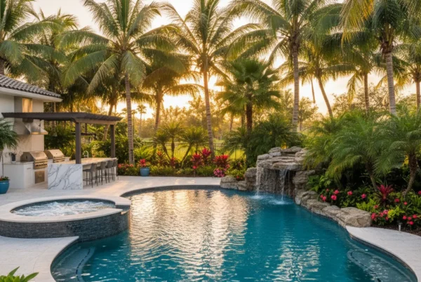 Custom pool and outdoor living area with tropical landscaping in Florida
