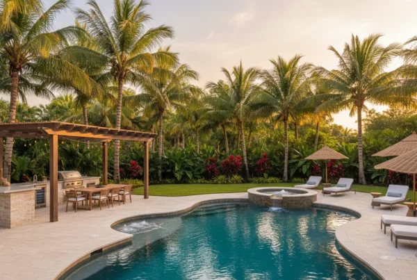 custom pool and outdoor living area with tropical landscaping in Florida