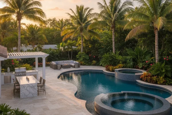 Custom pool with outdoor kitchen and tropical landscaping in Florida