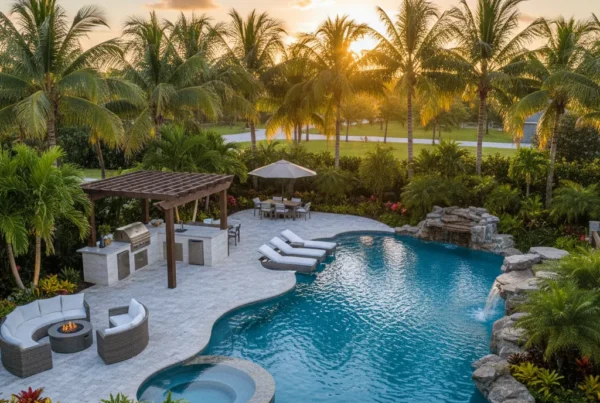 Custom pool and outdoor living area with tropical landscaping in Florida