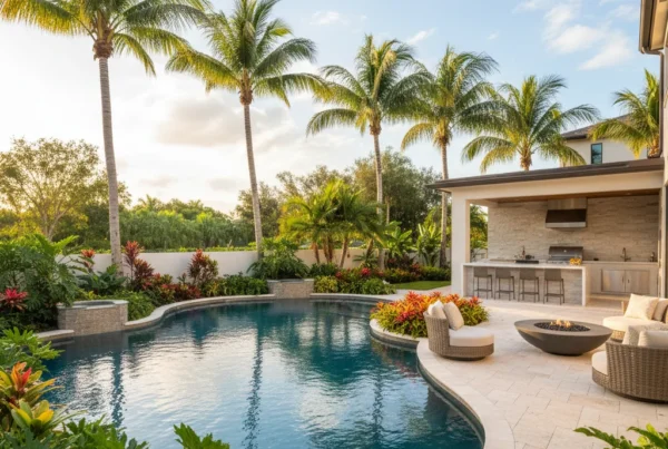 Custom pool and outdoor living area with tropical landscaping in Florida
