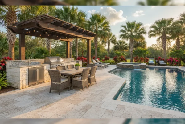 Custom outdoor kitchen and pool with tropical landscaping in Lake County FL