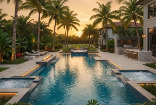 Custom pool and outdoor living area with tropical landscaping in Florida