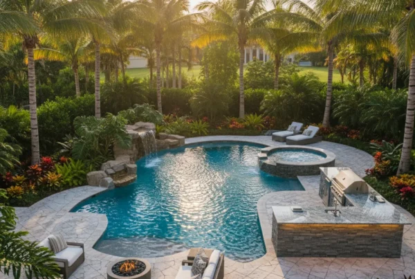 Custom pool and outdoor living area with tropical landscaping in Florida