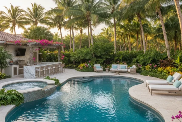 Custom pool and outdoor living area with tropical landscaping in Florida