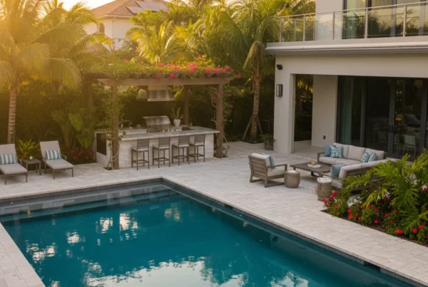Custom pool and outdoor living area with tropical landscaping in Florida