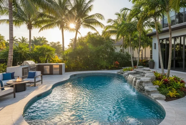 Custom pool and outdoor living area with tropical landscaping in Florida