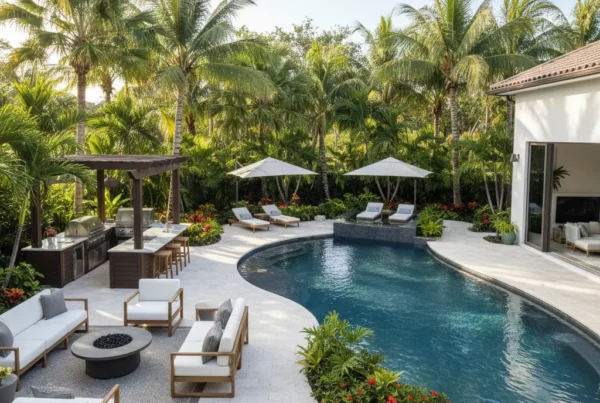Custom pool and outdoor living area with tropical landscaping in Florida