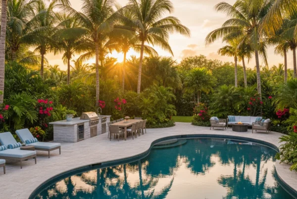 Custom pool and outdoor living area with tropical landscaping in Florida