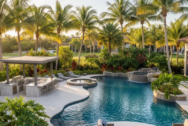 Custom pool and outdoor living area with tropical landscaping in Florida