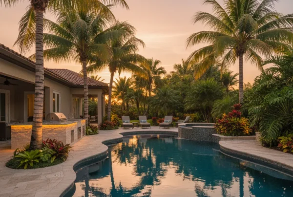 Custom pool and outdoor living area with tropical landscaping in Florida