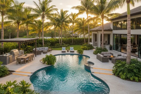 Custom pool and outdoor living area with tropical landscaping in Florida