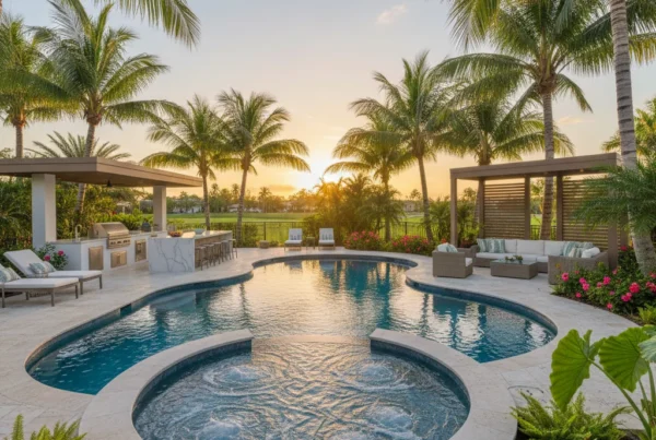 Custom pool and outdoor living area with tropical landscaping in Florida