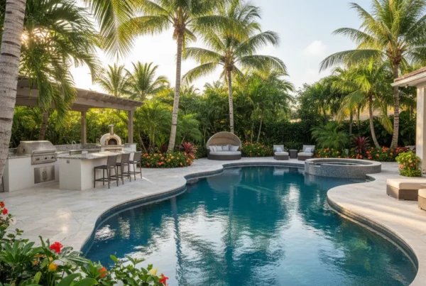Custom pool and outdoor living area with tropical landscaping in Florida
