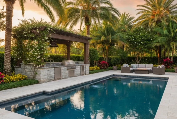 Custom outdoor kitchen and pool area in Orange County FL with tropical landscaping