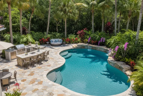 Custom pool and outdoor living area with tropical landscaping in Florida