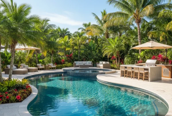 Custom pool with outdoor kitchen and tropical landscaping in Florida