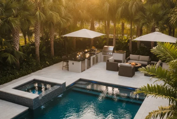 Custom outdoor kitchen and pool with tropical landscaping in Osceola County FL