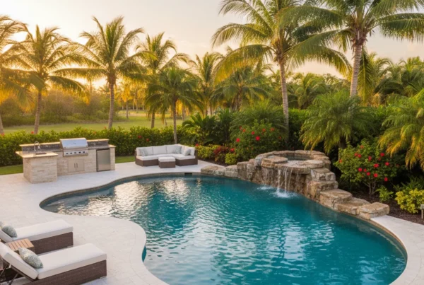 Custom pool and outdoor living area with tropical landscaping in Florida