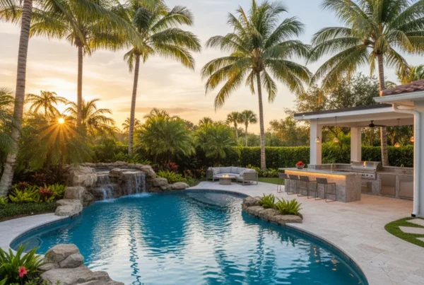 Custom pool and outdoor living area with tropical landscaping in Florida