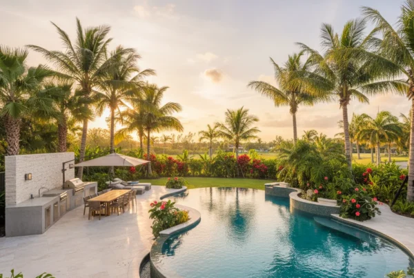 Custom pool and outdoor living area with tropical landscaping in Florida
