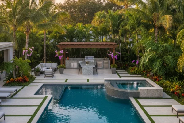 Custom pool and outdoor living area with tropical landscaping in Florida