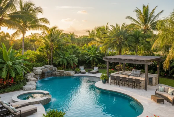 Custom pool and outdoor living area with tropical landscaping in Florida