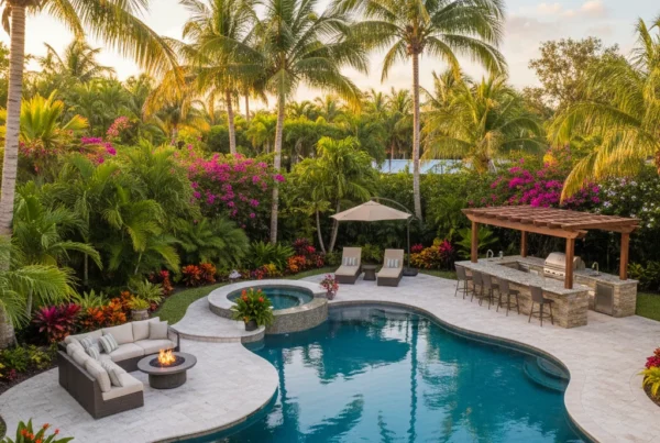 Custom pool and outdoor living area with tropical landscaping in Florida