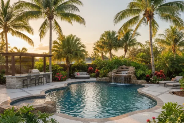 Custom pool and outdoor living area with tropical landscaping in Florida