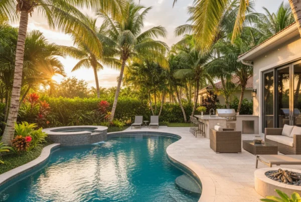 Custom pool and outdoor living area with tropical landscaping in Florida
