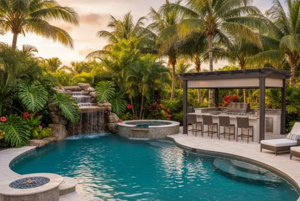 Custom pool with tropical landscaping and outdoor kitchen in Florida