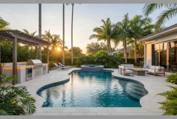 Custom pool and outdoor living area with tropical landscaping in Florida