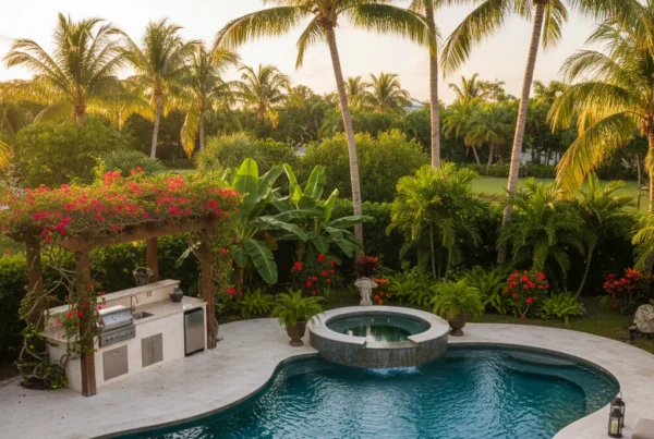 custom pool with spa and outdoor kitchen in Florida backyard