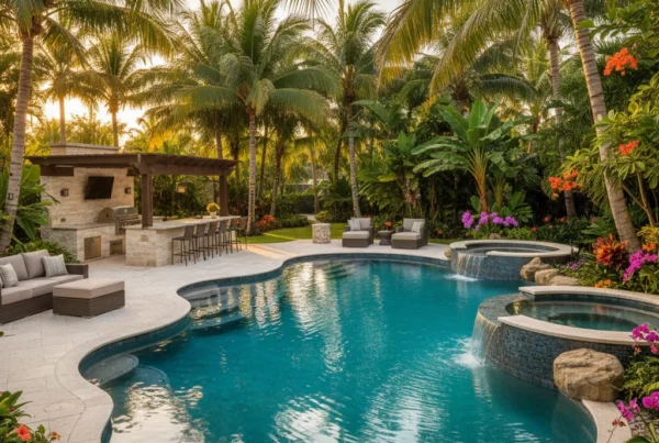 Custom pool and outdoor living area with tropical landscaping in Florida