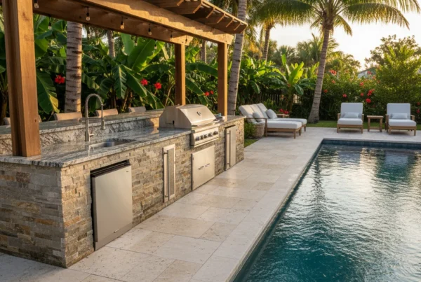 custom outdoor kitchen granite countertop and pool in Central Florida backyard