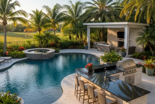 Custom outdoor kitchen and pool area with tropical landscaping in Central Florida