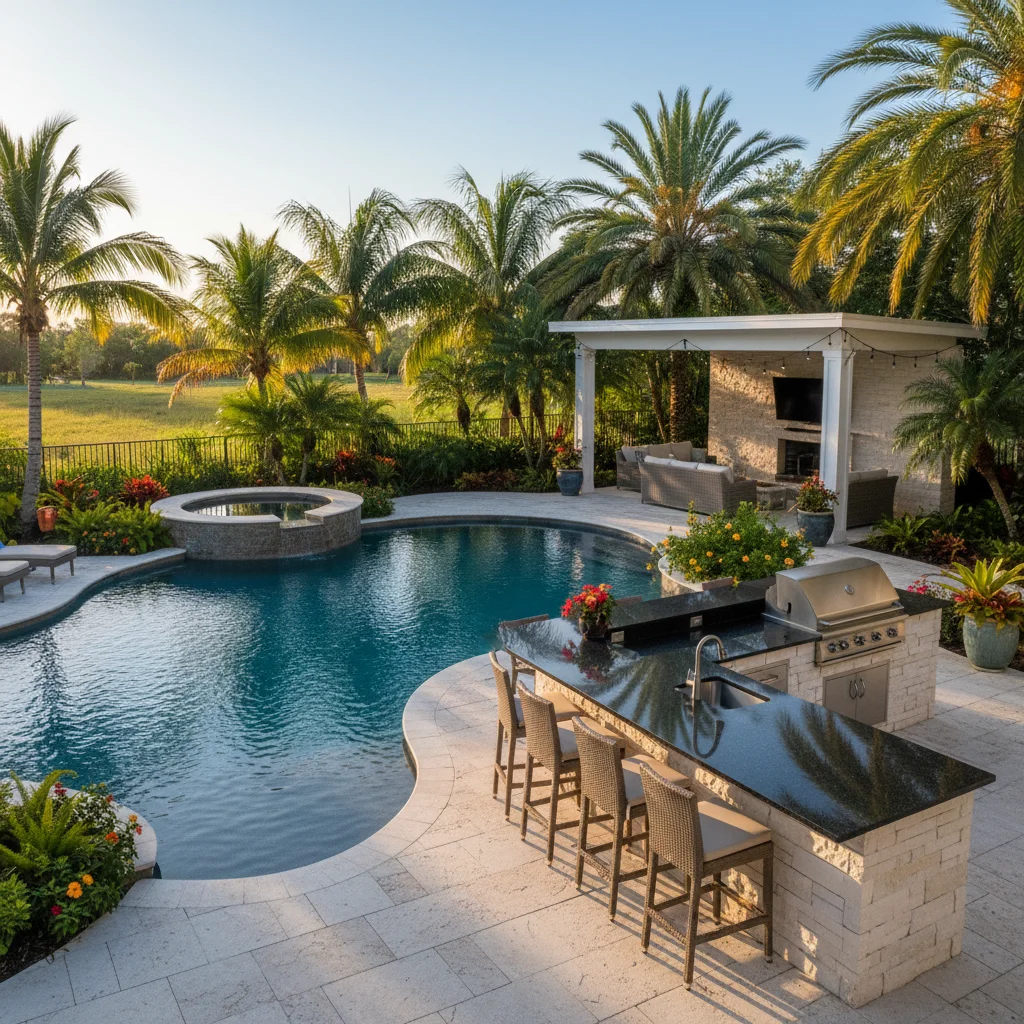 Outdoor kitchen layout ideas for pool area | Aqua Custom Pools