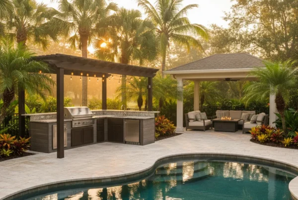 Outdoor kitchen and pool area with lighting in Central Florida