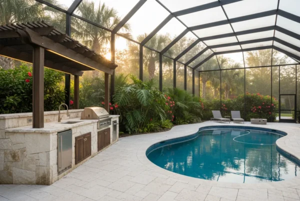 Custom outdoor kitchen and pool with screen enclosure in Central Florida