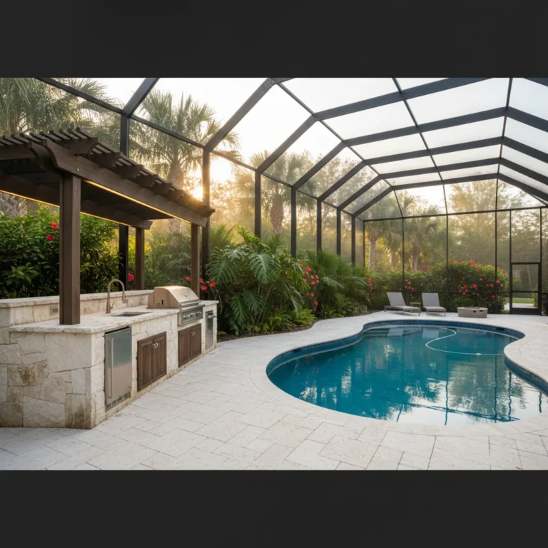 Outdoor kitchen with pool and screen enclosure