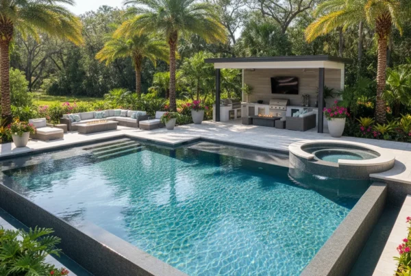 Custom perimeter overflow pool with tropical landscaping in Central Florida
