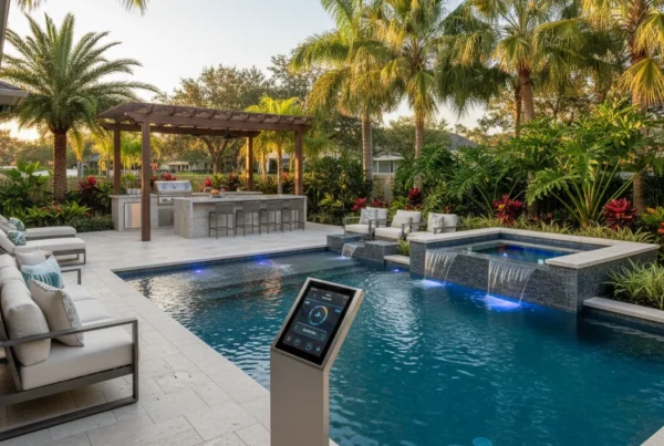 Custom automated pool with tropical landscaping in Central Florida backyard
